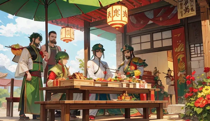 Picture Liu Bei, Guan Yu, Zhang Fei and Zhuge Liang are eating barbecue skewers. There are wine, roasted chicken wings and various skewers.