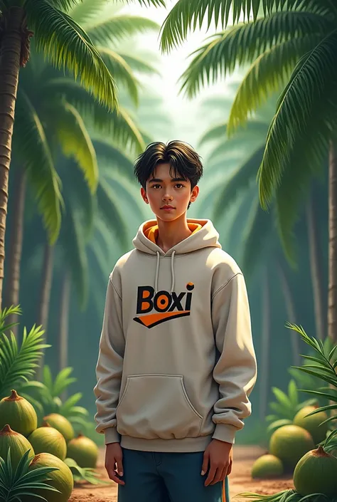 A young man wearing a hoody name on the hoody is BOXII MAN standing under the coconut plantation 