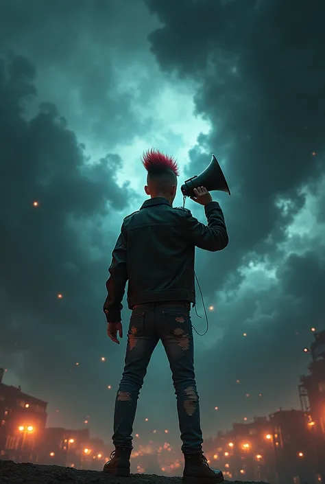 Punk kid holding a loudspeaker with back view under the roar of black clouds and lights