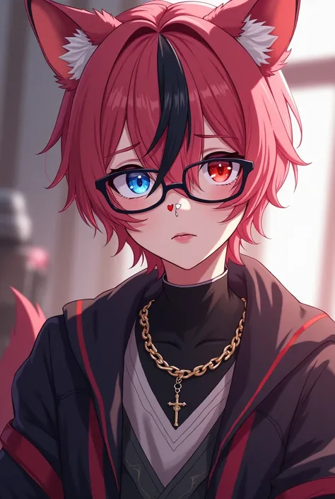 Create a submissive anime boy of 16-1 who has short old rose colored hair, and a black lock, also containing the ears and tail of a German Shepherd dog, and that his right eye is red and the left eye is blue, and their pupils have the shape of a heart. Als...