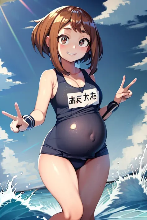 (best quality,highres,masterpiece:1.2),beautiful detailed eyes,beautiful detailed smile,school swimsuit,blue Japanese school swimsuit,wet,beach,Ochako Uraraka,alone girl, pregnant, pregnancy, pregnant belly, Peace_sign. 