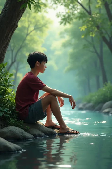 a young man sitting on the river bank, wearing a maroon t-shirt, flip-flops