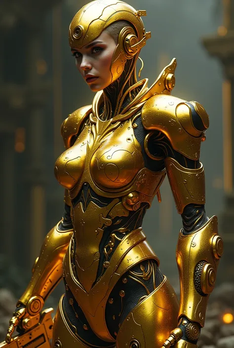 Gothic cyborg with radient gold body and exposed human face holding gun sword
