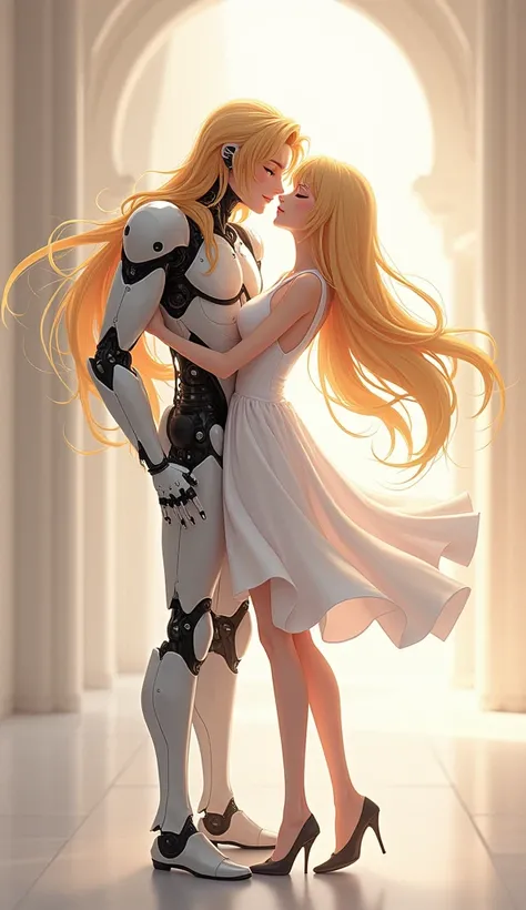 Anime robot blonde girl and blonde long hair human handsome face robot man, White Dress, White high heels, Pretty face, Full Height, She hugs her robot boyfriend who has long blonde hair、to kiss