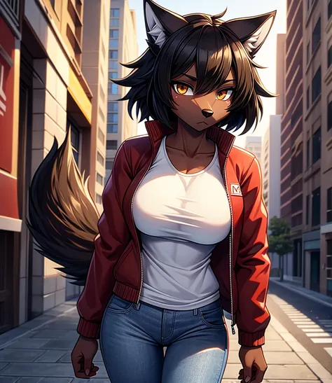 by r-mk, ((wolf)) (woman) ((brown skin)) standing straight, red cotton jacket, white t-shirt, jeans, black hair, [[serious face]...