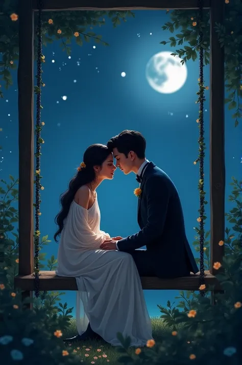 a girl in a white sarre sitting on a swing with her lover besides her in a black suit. her head resting on her kness while they both look at each other, in the night time