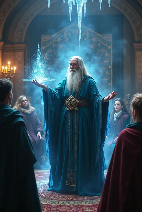 an arch wizard with elegant magic robe is in the royal magic class teaching his students the ice pillar magic, the students look at him with awe as he chants ice pillars out of his palm. the classroom has a medieval and very magical atmosphere, making the 