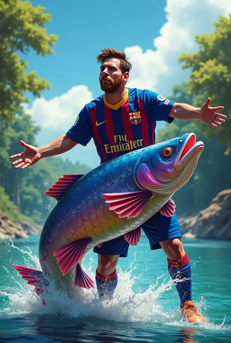 Messi is catching a big colourful catfish 