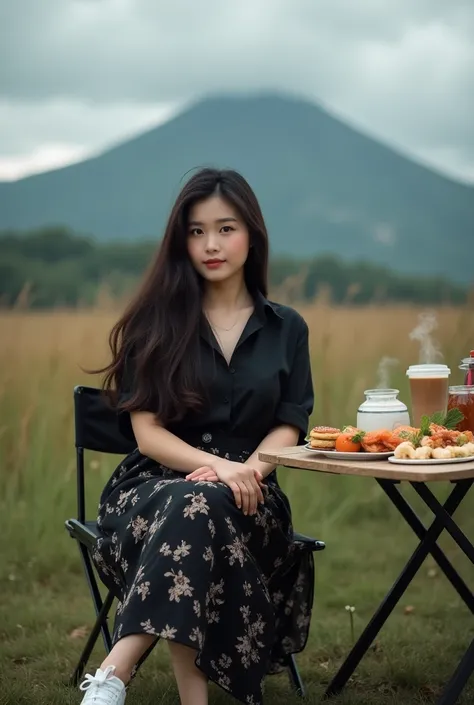 (Close-up of a better masterpiece:1.5)0.9],an asian woman with long hair, curvy body, wearing a plain black shirt, a long black skirt with a floral pattern, white newbalance shoes, sitting on a folding chair, a folding table full of food, and coffee in the...