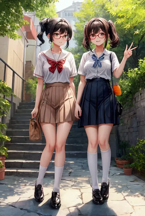 two girls，the one on the left wears thick-rimmed glasses。
full body illustration，xiaoxuan（left）and xiaohong（right）standwg outdoo...