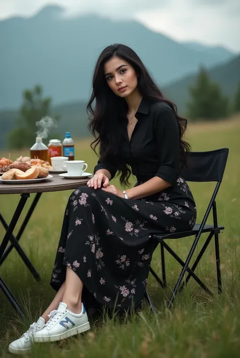 (Close-up of a better masterpiece:1.5)0.9],an woman with long black hair, curvy body, wearing a plain black shirt, a long black skirt with a floral pattern, white newbalance shoes, sitting on a folding chair, a folding table full of food, and coffee in the...