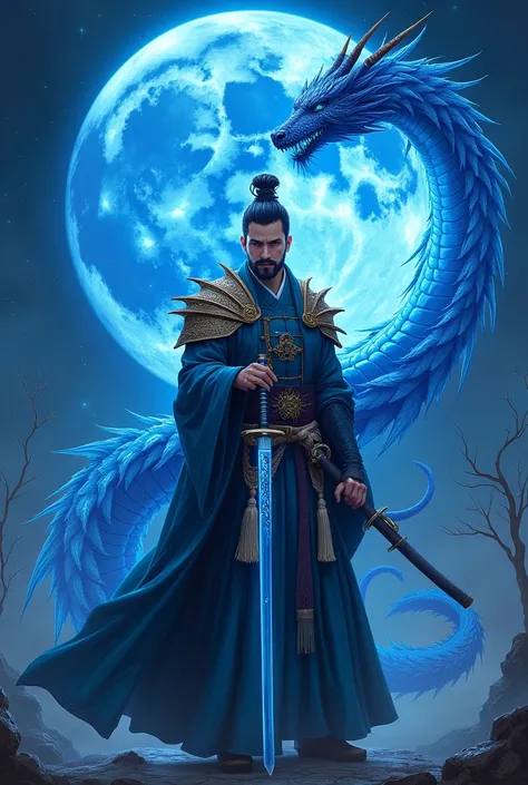 Blue moon katana where the sword shows  blue dragon around it while a noble is drawing his katana