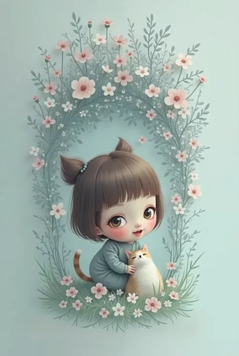 Scribble of chibi girl with cat, floral design, pastel color, Ivan Bilibin, soft-shading, vintage 1900s art, muted color, Oliver Jeffers, surreal background