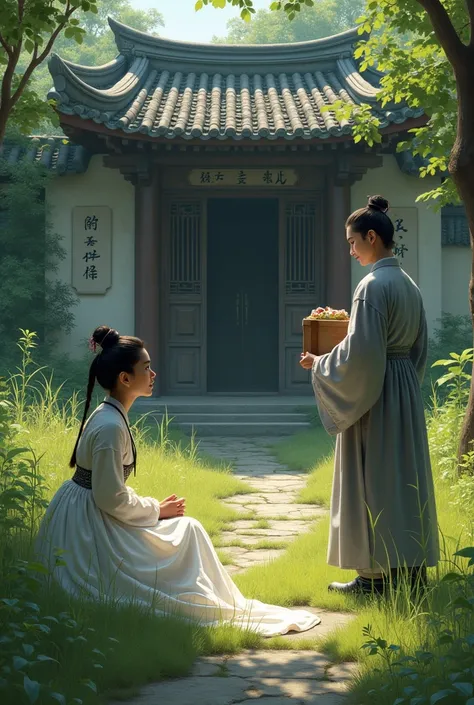 Tang Dynasty full dress Tang Dynasty full dress In the courtyard of an abandoned temple, a young woman in a dirty white dress is sitting and peeking through the grass at a young man in a gray dress standing holding food in a box.