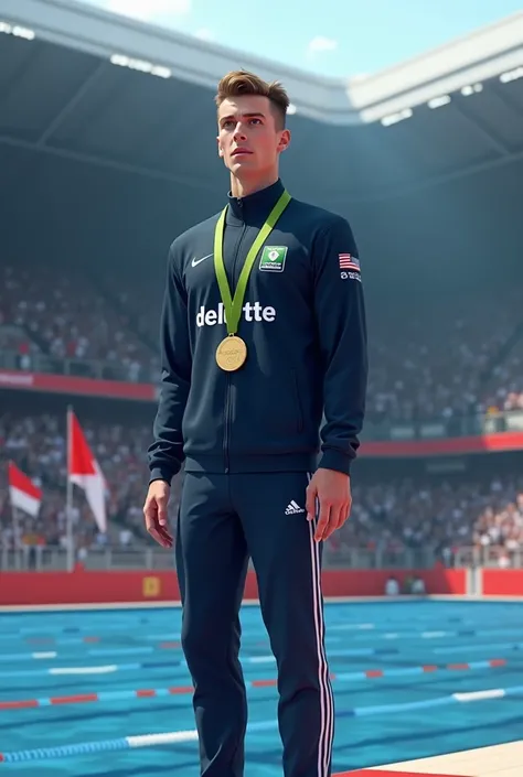 Design a full image of a swimmer during a medal presentation, dressed in a tracksuit with complete image of  matching trousers. The tracksuit should prominently display the word deloitte printed on it, with special emphasis on making the full stop after de...