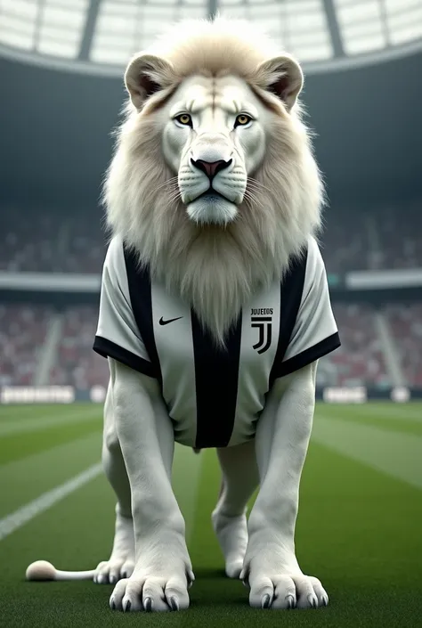 Un lion blanc debout comme un humain et qui porte le maillot du fc juventus sur un terrain de football 