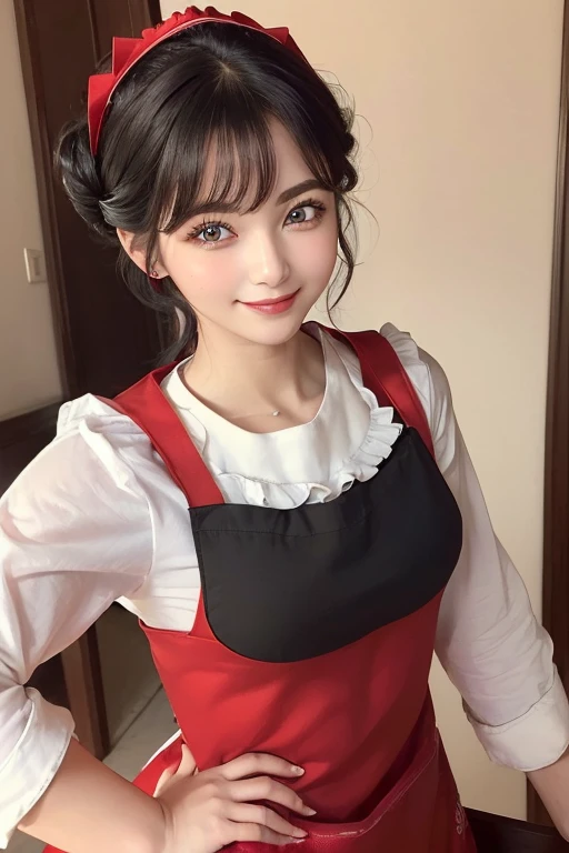 ((Highest quality, 8k, masterpiece)), Super detailed, Sharp focus, 1 cute girl, ((Red Polar Apron:1.4)), (Black Hair, Updo:1.4), (blouse:1.4), Highly detailed face and skin texture, ((Detailed eyes)), ((Beautiful Eyes:1.4)), (smile:1.15), (Mouth closed), C...