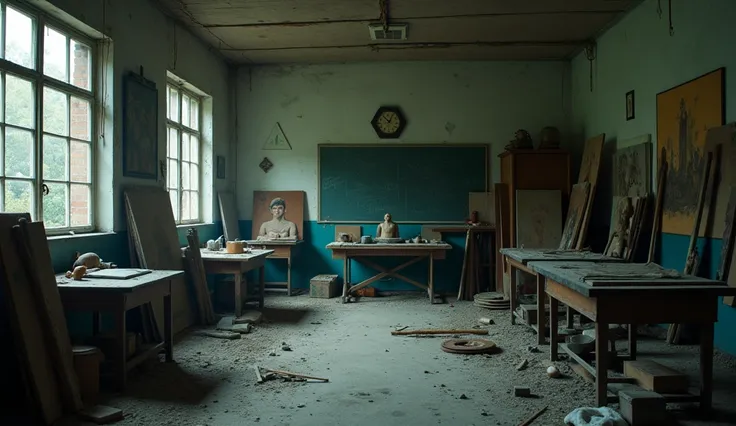 A dimly lit, dusty school art room. The camera slowly pans across old paintings, sculptures, and forgotten art supplies. The room feels abandoned, with a thick layer of dust covering everything.