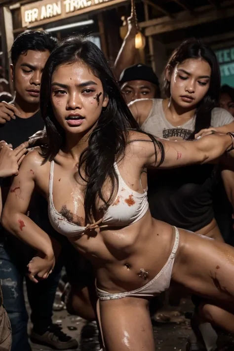 A riot peoples revolution in Indonesian, a young sweet beautiful Indonesian georgeus girl, twenty two years old, slim body, glamor and rich girl, crying out being pulled and pushed
 by angry peoples,   forced to  lifted up  brutaly by some adult men to the...