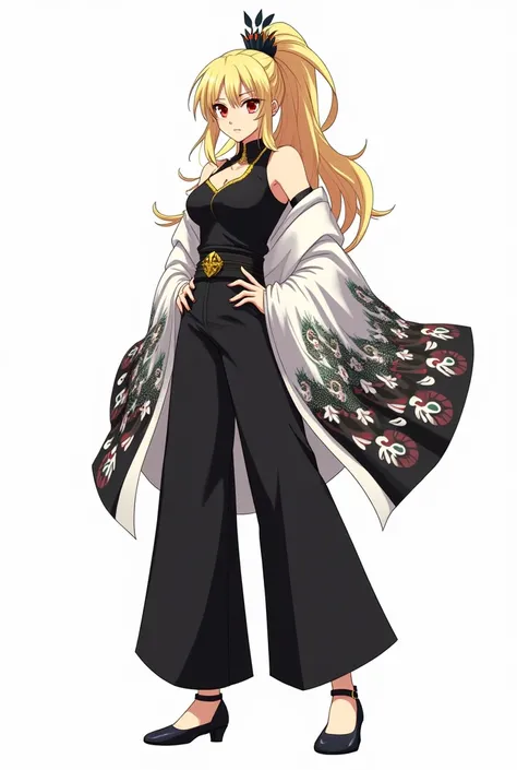 draw in anime style in full growth on a white background: a tall woman with blond hair, bangs in 2 sides, and a high ponytail. She wears a black tank top with gold detailing, and on top of the tank top is a white haori with wide sleeves with black, white a...