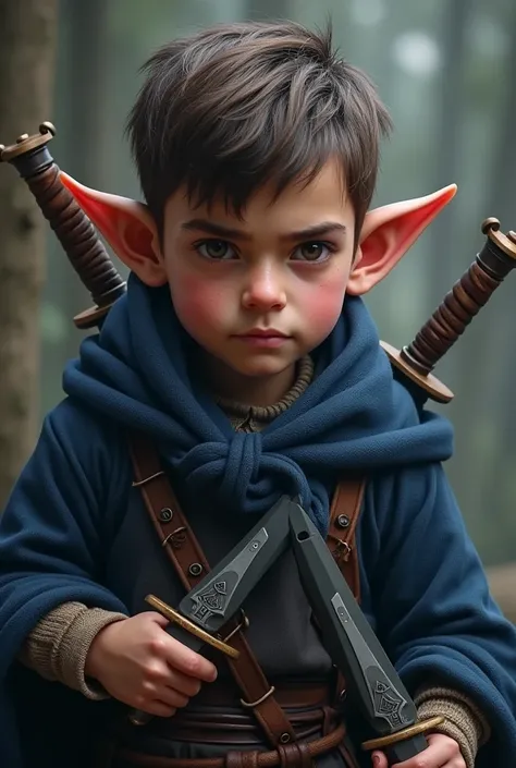 Make a Halfling male, how realistic rogue 2 adult man face, with medium to short hair, small ears, with navy blue clothes, HOLDING TWO DAGGERS ONE IN EACH HAND, eyes browns, in attack position with daggers behind 