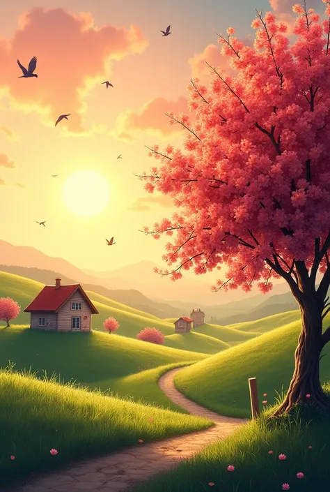 .  rightside near a cherry fruit tree with small house. Sun is rising. Birds  are flying in the sky. For facebook cover photo.