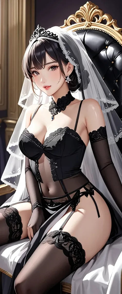 High resolution, adult woman , Sit on a chair、Dripping Sweat、good lighting, despicable, , (nudity), (((black wedding dress))), ((veil)), ((())), (garter belt), abdomen only, (),  ,  cute face, I&#39;m embarrassed and blush, humiliating, ((turn around and l...