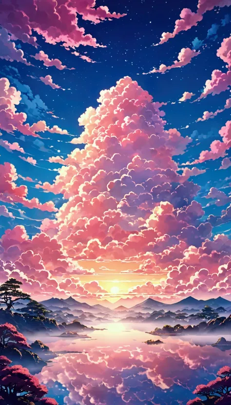 Japanese anime-style artwork depicting a sunset sky with pink and blue clouds. The background features Japanese anime-style clouds with iPhone camera-like effects. Features dreamy colours, fantasy elements and soft lighting. The composition focuses on the ...