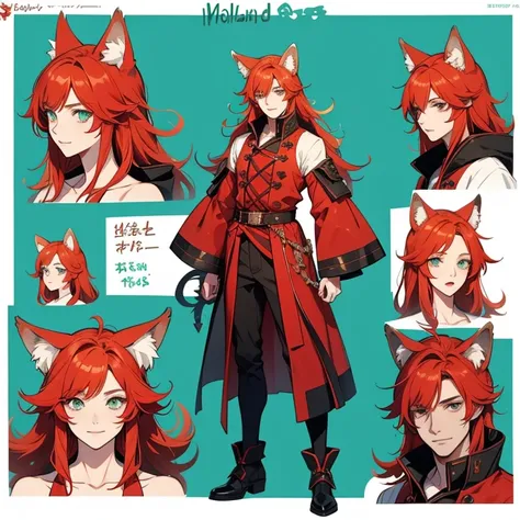 male original character reference sheet adoptable, redhead, green eyes, long hair, looking at viewer, smile, bangs, animal ears, wolf ears red, wolf tail fluffy red, turquoise clothing, body full, various positions 