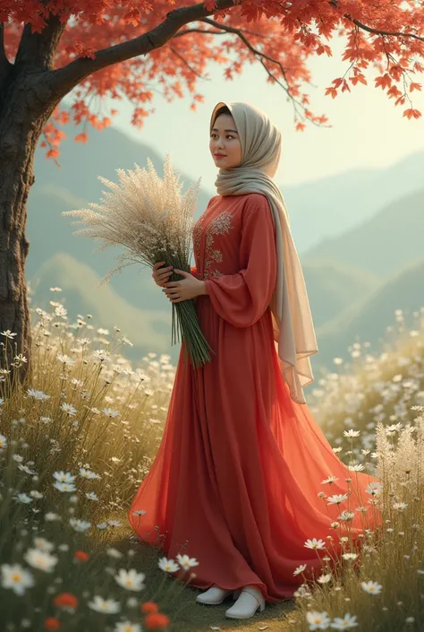 An adult girl wearing a hijab shawl wears a long red dress floral like flowing water made of chiffon, wears white shoes, is in a place where lots of weeds grow, the flowers are white, and there is a tree whose fallen leaves are red. . smiling while holding...