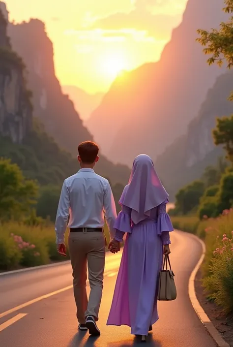 (photorealism:1.2), A young woman and Man wearing a hijab and a light purple long dress with ruffled sleeves is walking along a scenic mountain road. She is holding and Looked camera a beige hand bag in one hand and one hand toch Man looks serene as she en...