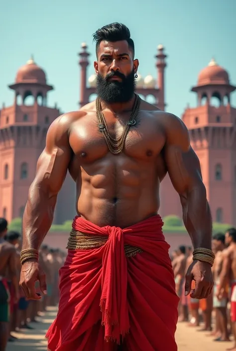 A Hindu bodybuilder man, he is wearing a red colored dhoti and nothing else on top standing on red fort There are many people standing behind him, everything behind him is bluer