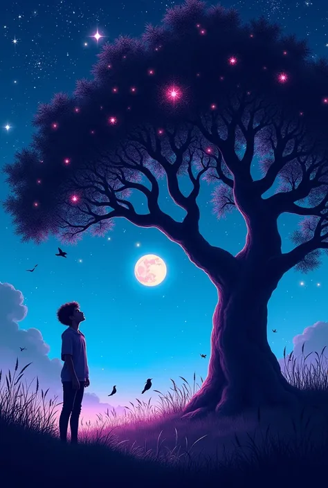 Silhouette of a person gazing upwards at a myriad of stars twinkling in the inky sky, gentle zephyrs rustling through grass, on a whimsical breeze, melodic birds perched and chirping within the branches of an ancient sycamore tree, all composed in a dreaml...