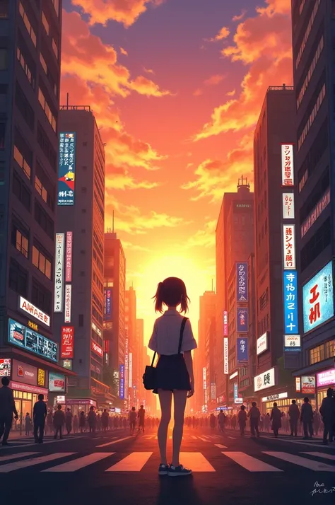 Tokyo city with afternoon, sunset and a teenager girl standing there and watch