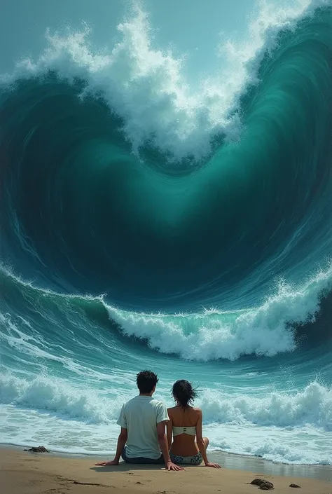 painting of a couple sitting on the beach looking at a huge wave, by Cyril Rolando, torment and waves, standing in a maelstrom, giant waves, inspired by Cyril Rolando, tsunami, in style of cyril rolando, emotional picture, cyril rolando and m. w kaluta, cy...