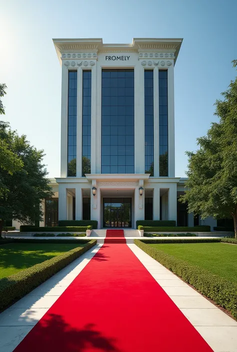 A corporate building headquarters with American architecture with its own compound not sorounded with any other building,the compound has a driveway with red carpet on the entrance I dont want tiles structure on the building 