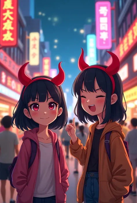 Animated image of a Korean male and female college students wearing devil headbands together in the background of the Sinchon bar street.