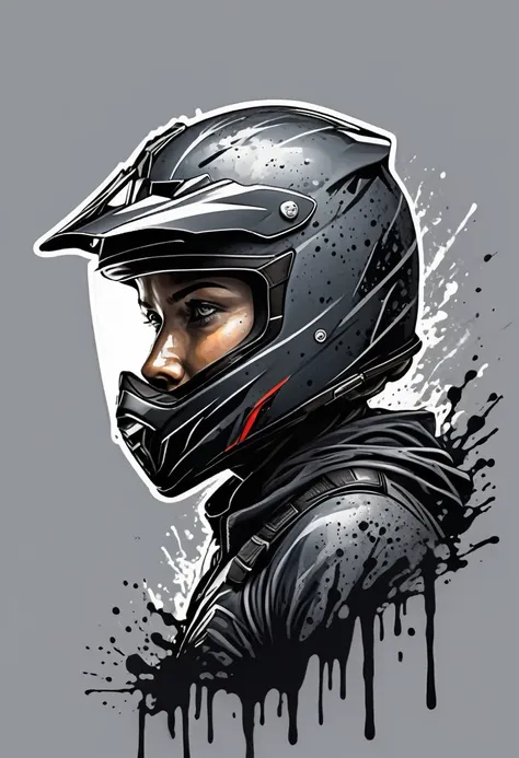 enduro man wearing a motocross black helmet realistic,posing profile close up in a dark room ,behind her a matte greyish liquid ink dripping around ,in a comic look style ,
