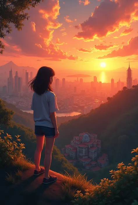 Malaysia city with afternoon, sunset and a teenager girl standing at the hill and watching the sunset