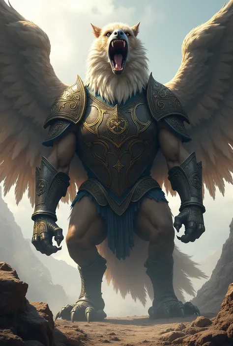 A gigantic war scarred intimidating four legged griffon with war armor. Roaring pridefully