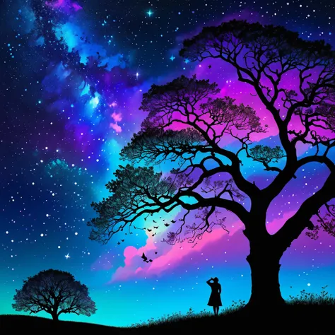 Silhouette of a person gazing upwards at a myriad of stars twinkling in the inky sky, gentle zephyrs rustling through grass, on a whimsical breeze, melodic birds perched and chirping within the branches of an ancient sycamore tree, all composed in a dreaml...