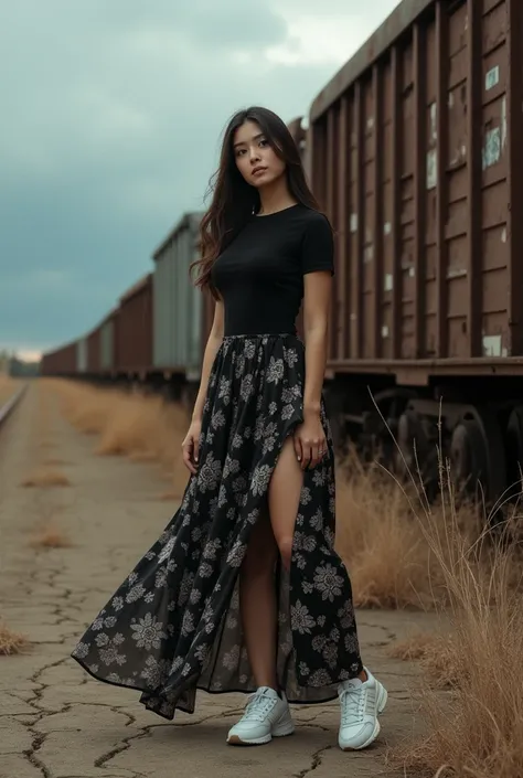 cinematic professional portrait (solo),  a 3 asian woman with long hair, curvy body, wearing a plain black t-shirt, a long black floral skirt, white newbalance shoes, standing by an old rusty train, with an old abandoned station, dry grass, dry ground, clo...