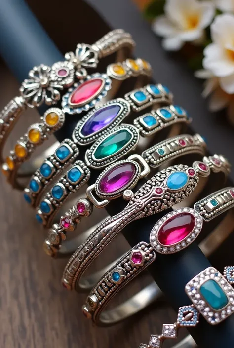 I want some silver bracelets. In Bulk like 20-10pieces which are made by silver and color stones. Some more  pictures witj different styles. Patterns should be  tannins style