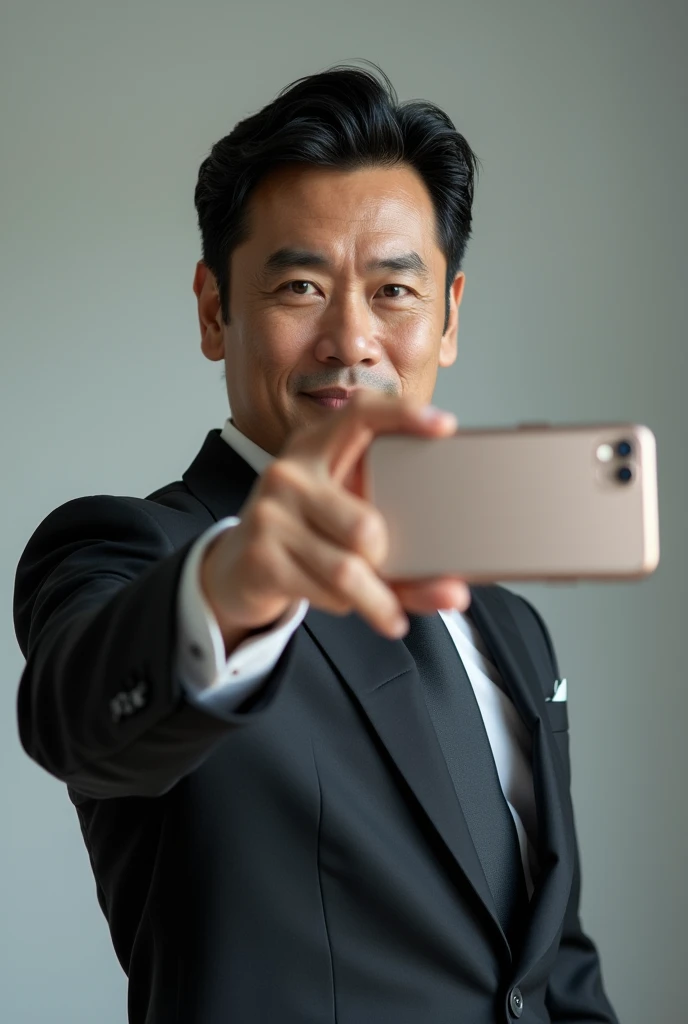 A slim but slightly muscular Japanese man in a suit, Photographed with a smartphone, Selfie, Top quality, 1 beautiful men, Perfect Face, Japanese men, age 41, suit, center part, short hair, black hair, Posing like a magazine cover,