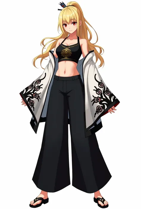 draw in anime style in full growth on a white background: a tall woman with blond hair, bangs in 2 sides, and a high ponytail. She wears a black tank top with gold detailing, and on top of the tank top is a white haori with wide sleeves with black, white a...