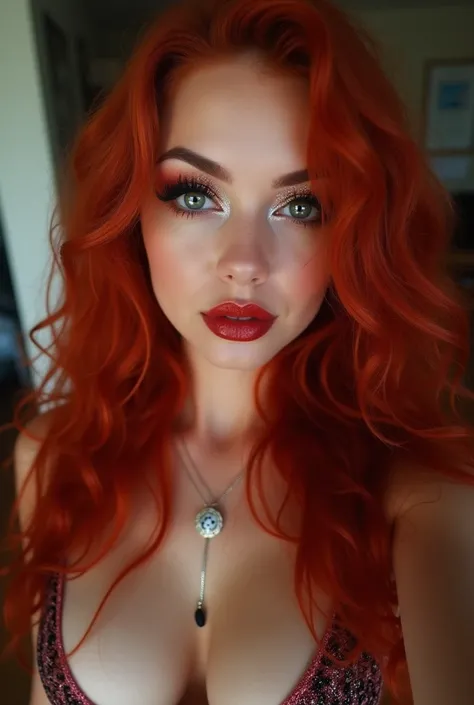 ((Very beautiful girl)), 8k, Young beautiful girl, sexy girl, ((red long hair)), red long curly hair, ((very long hair)), complex makeup, ((big boobs)), ((huge breasts)), big tits, ((huge boobs)), ((plump lips)), pouty lips, pouty lips, big lips, ((big exp...