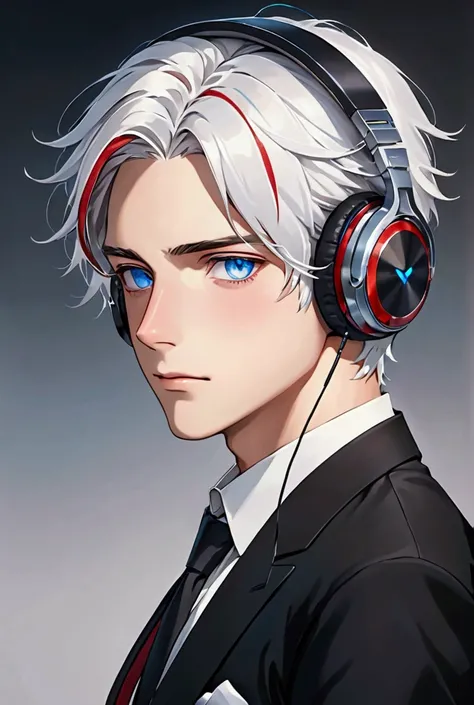 White haired boy with red highlights and blue eyes. Breasts, blush, blue eyes, headphones, streaked hair, 