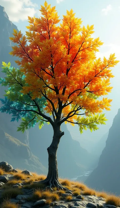 realistic, giant tree with glass leafs, multicolor glass leafs, leafs made of glass