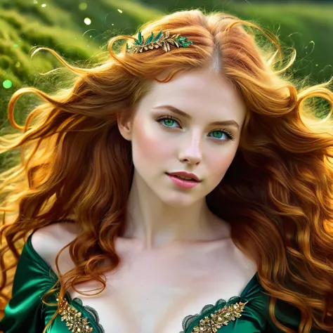 masterpiece, best quality, ultra-detailed, illustration, a  redhead disheveled-haired girl, Her green pupils shimmer like precious gems, complementing the gold dust that cascades through the air. She possesses the characteristics of a fox, fluffy tail. Her...