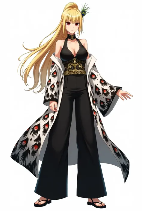 draw in anime style in full growth on a white background: a tall woman with blond hair, bangs in 2 sides, and a high ponytail. She wears a black tank top with gold detailing, and on top of the tank top is a white haori with wide sleeves with black, white a...